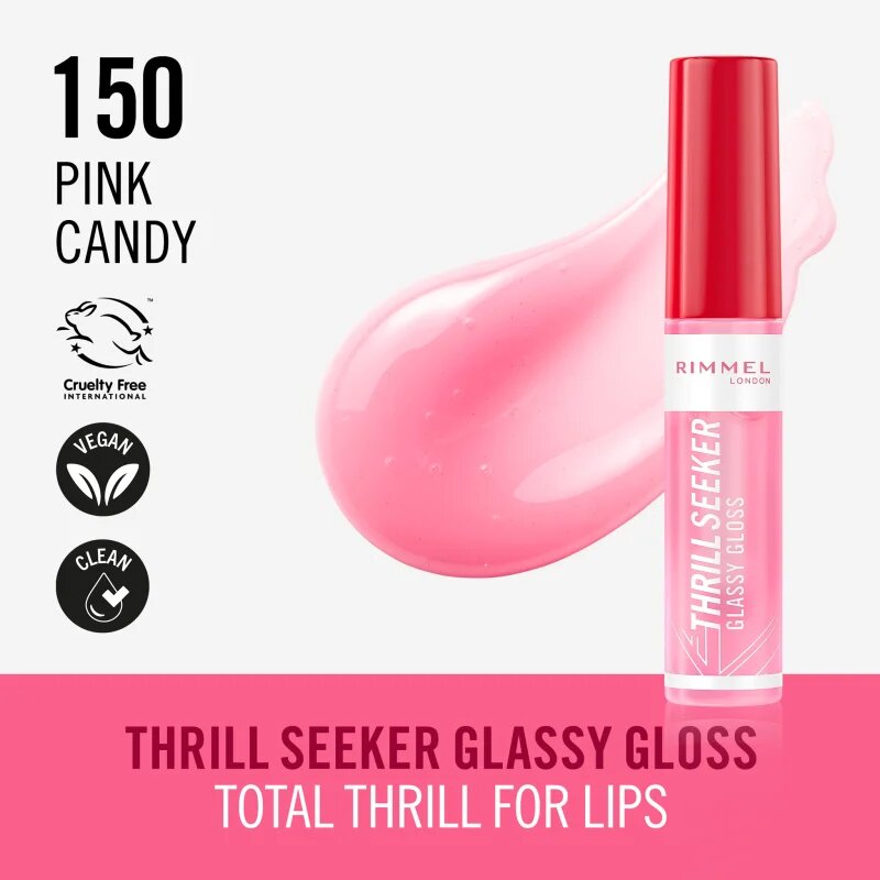 Rimmel Thrill Seeker Glassy Gloss lesk na rty pro větší objem odstín 150 Pink Candy 10 ml
