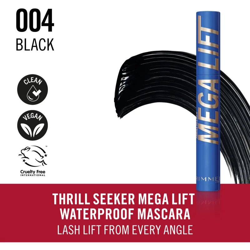 Rimmel Thrill Seeker Mega Lift voděodolná řasenka pro objem a natočení řas odstín 004 Waterproof Black 10 ml