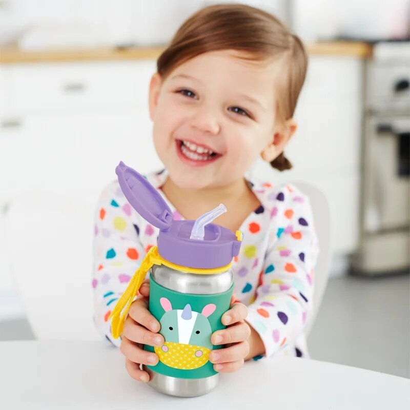 Skip Hop Zoo Straw Bottle nerezová láhev na vodu s brčkem Unicorn 12 m+ 1 ks
