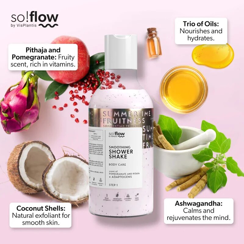 so!flow Smoothing Shower Shake sprchový gel pro všechny typy pokožky Pithaja & Pomegranate 400 ml