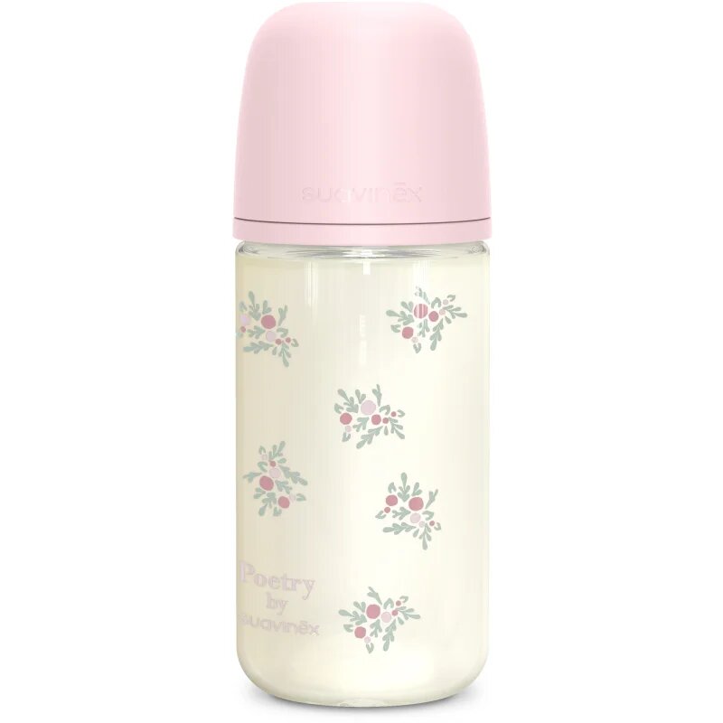 Suavinex Poetry SX Pro Physiological Glass M skleněná kojenecká láhev 3 m+ Medium Flow - Pink 1 ks
