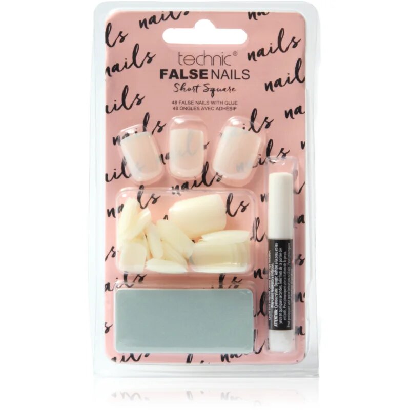 Technic Cosmetics False Nails Short Square umělé nehty s lepidlem 48 ks