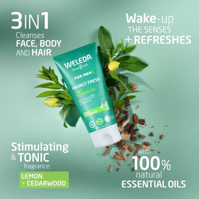 Weleda Energy Fresh 3in1 čisticí gel 3 v 1 na vlasy i tělo pro muže 200 ml