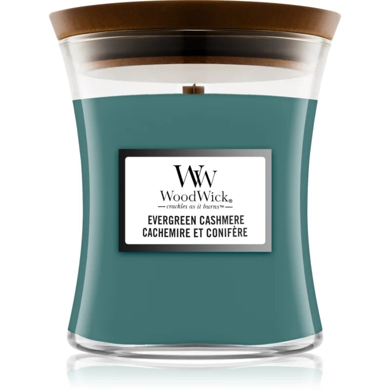 Woodwick Evergreen Cashmere vonná svíčka s dřevěným knotem 275 g