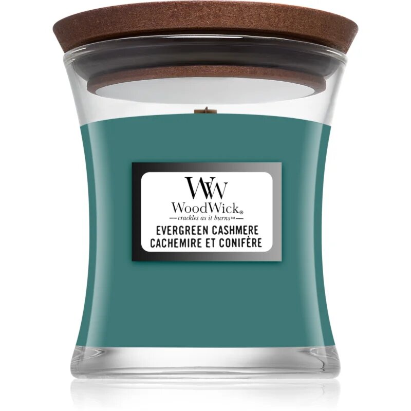 Woodwick Evergreen Cashmere vonná svíčka s dřevěným knotem 85 g