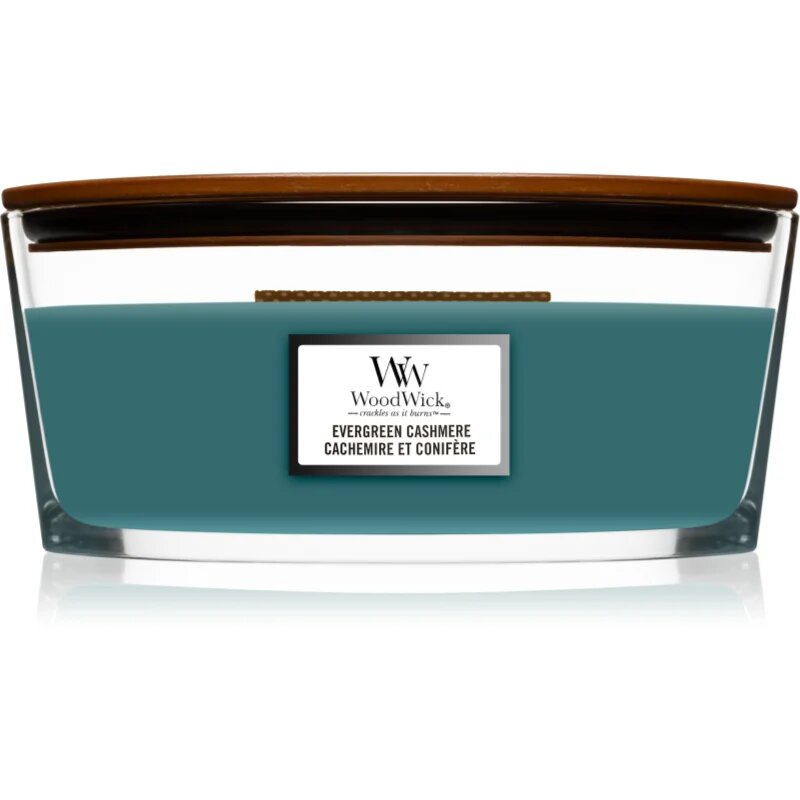Woodwick Evergreen Cashmere vonná svíčka s dřevěným knotem (hearthwick) 453.6 g