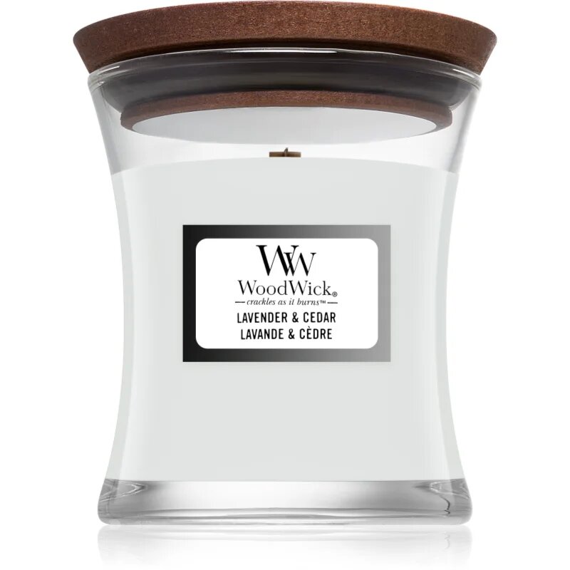 Woodwick Lavender & Cedar vonná svíčka s dřevěným knotem 85 g
