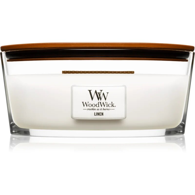 Woodwick Linen vonná svíčka s dřevěným knotem (hearthwick) 453.6 g