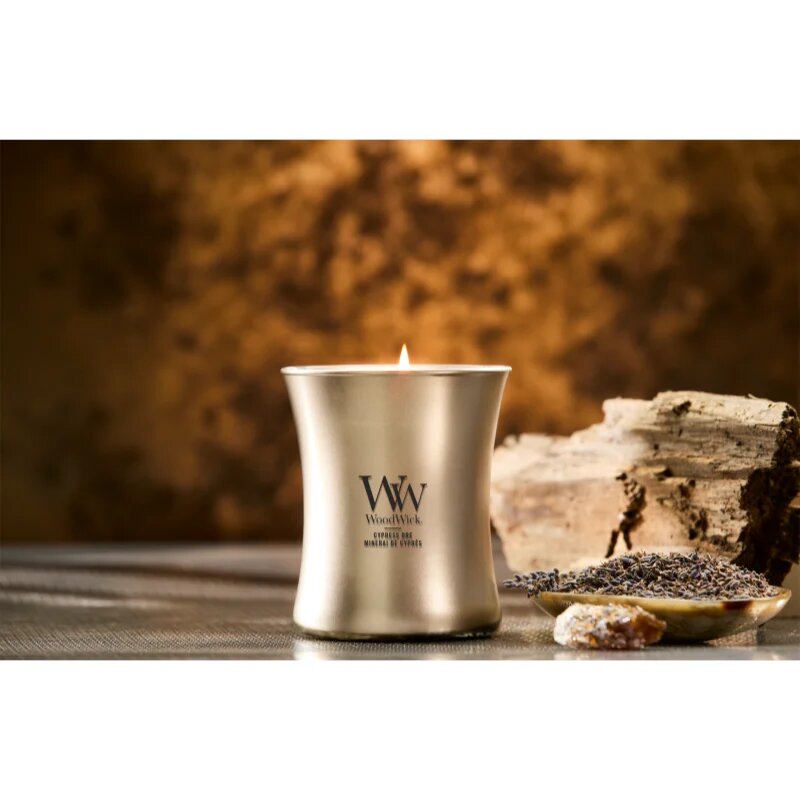 Woodwick Precious Metals Cypress Ore vonná svíčka 275 g