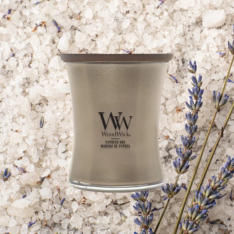 Woodwick Precious Metals Cypress Ore vonná svíčka 275 g