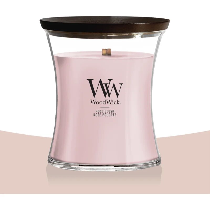 Woodwick Rose Blush vonná svíčka s dřevěným knotem 275 g