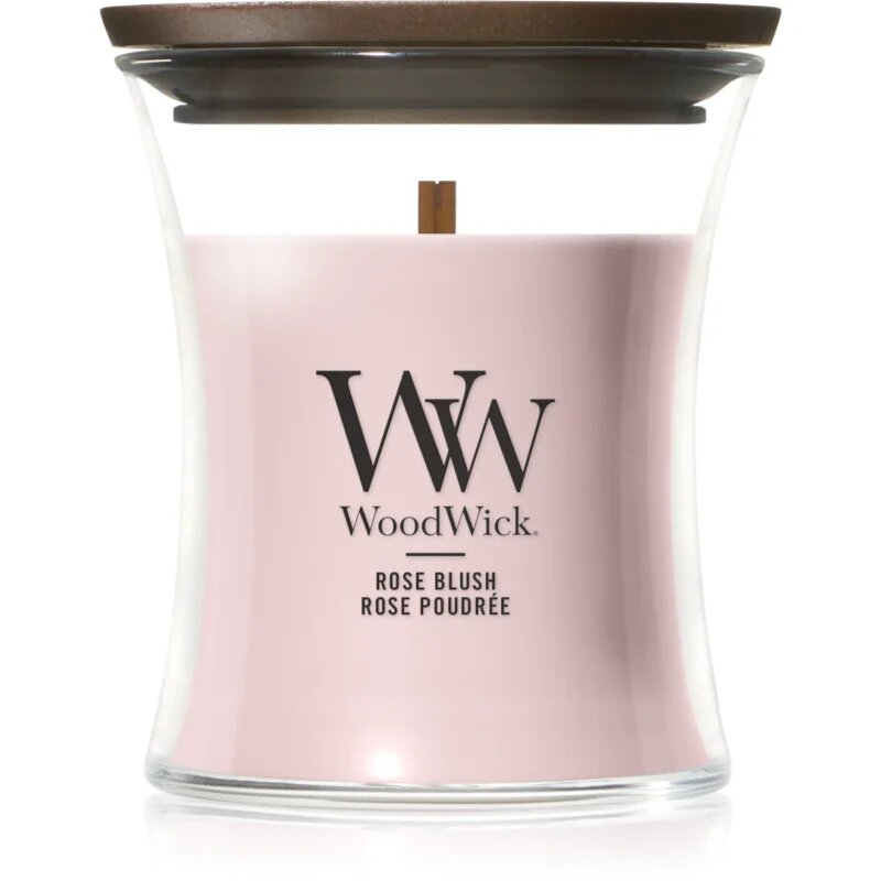 Woodwick Rose Blush vonná svíčka s dřevěným knotem 85 g