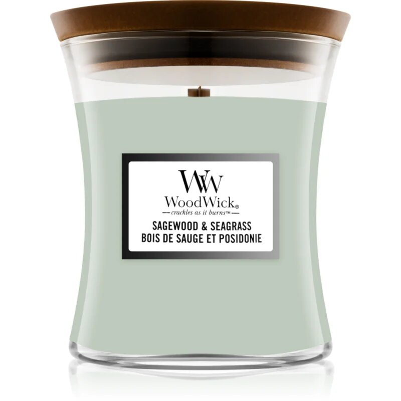 Woodwick Sagewood & Seagrass vonná svíčka s dřevěným knotem 275 g