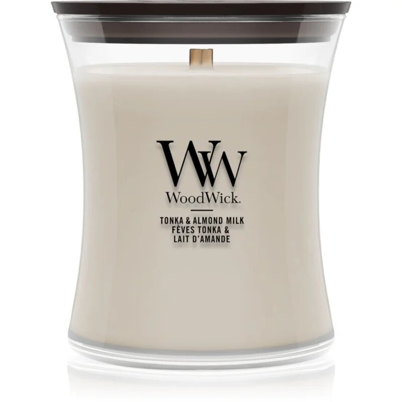 Woodwick Tonka & Almond Milk vonná svíčka s dřevěným knotem 275 g
