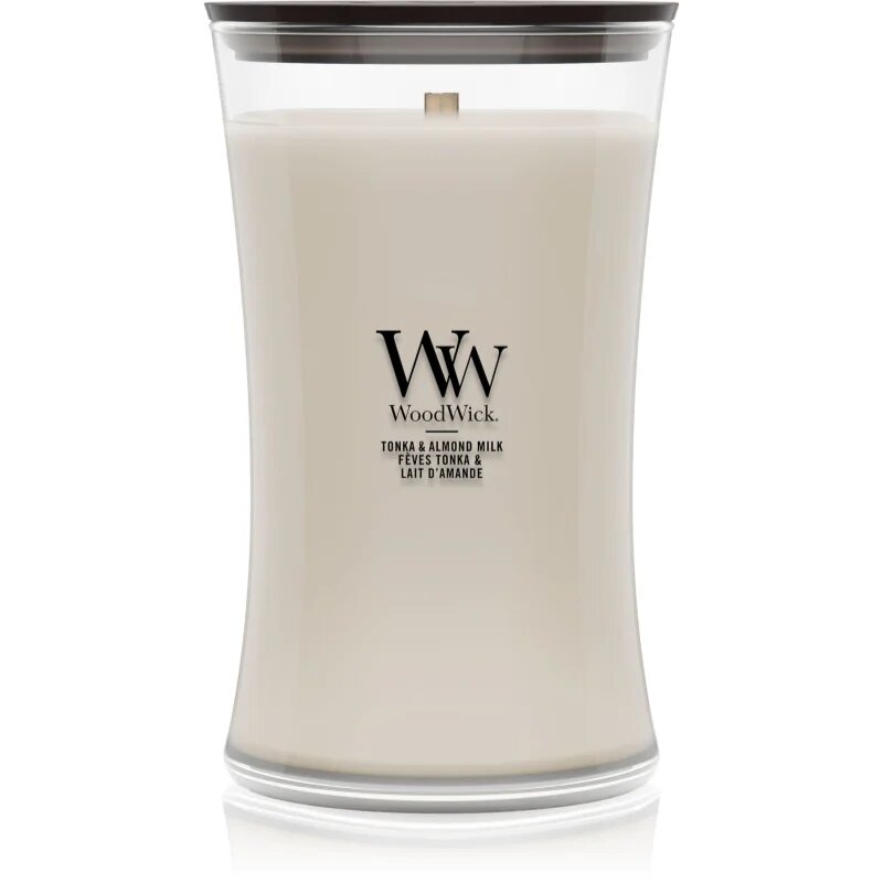 Woodwick Tonka & Almond Milk vonná svíčka s dřevěným knotem 610 g