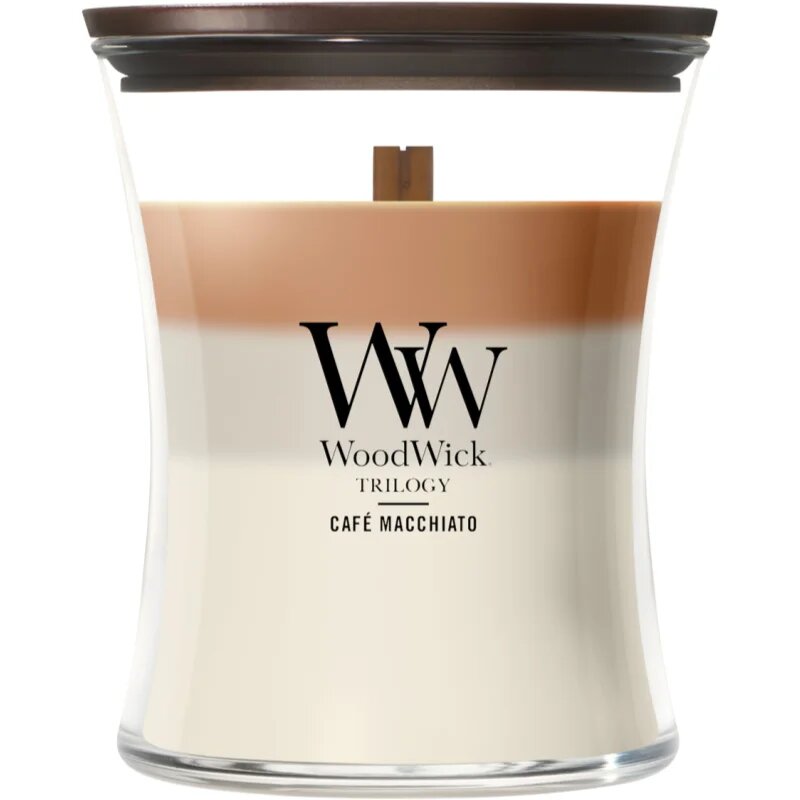 Woodwick Trilogy Café Macchiato vonná svíčka s dřevěným knotem 275 g
