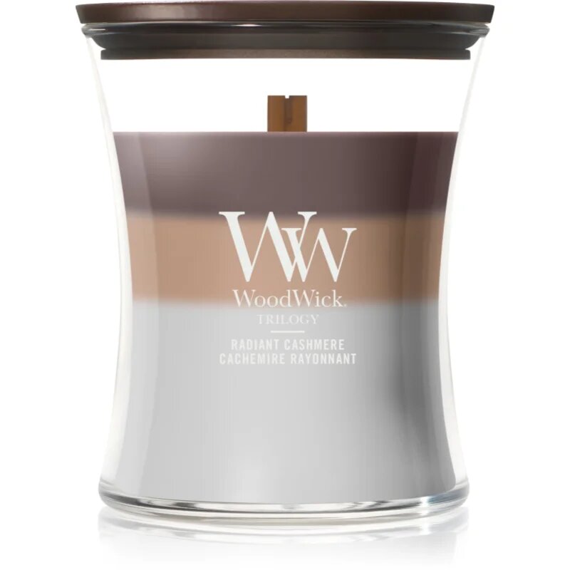 Woodwick Trilogy Radiant Cashmere vonná svíčka s dřevěným knotem 275 g