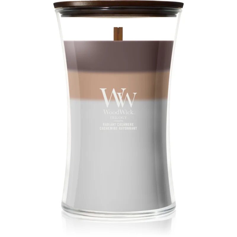 Woodwick Trilogy Radiant Cashmere vonná svíčka s dřevěným knotem 610 g