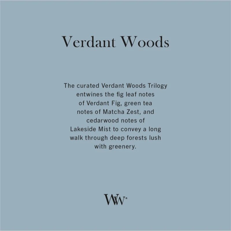Woodwick Trilogy Verdant Woods vonná svíčka s dřevěným knotem 275 g