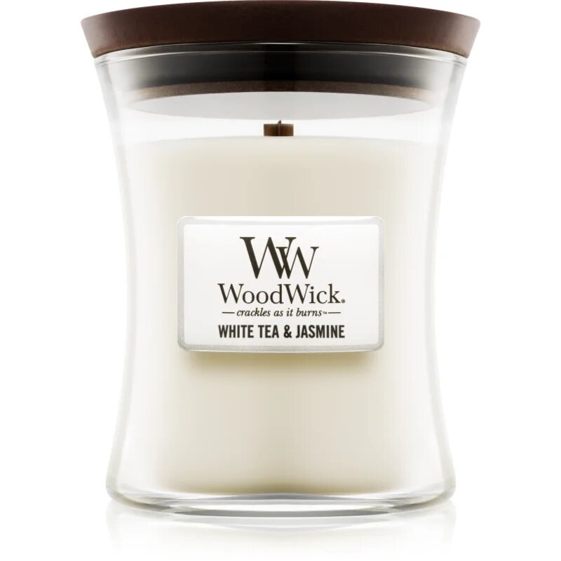 Woodwick White Tea & Jasmine vonná svíčka s dřevěným knotem 275 g