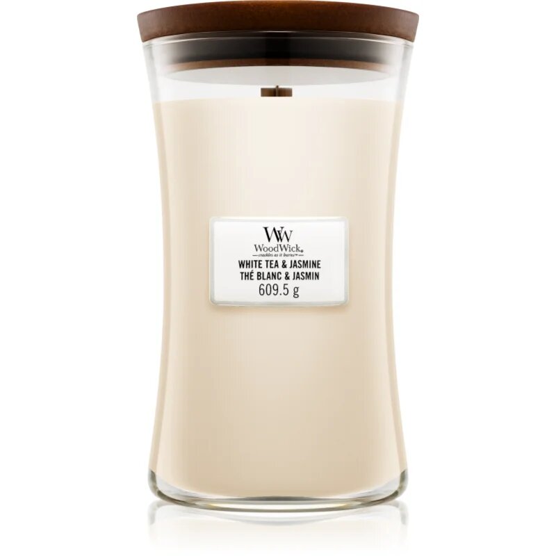 Woodwick White Tea & Jasmine vonná svíčka s dřevěným knotem 609.5 g