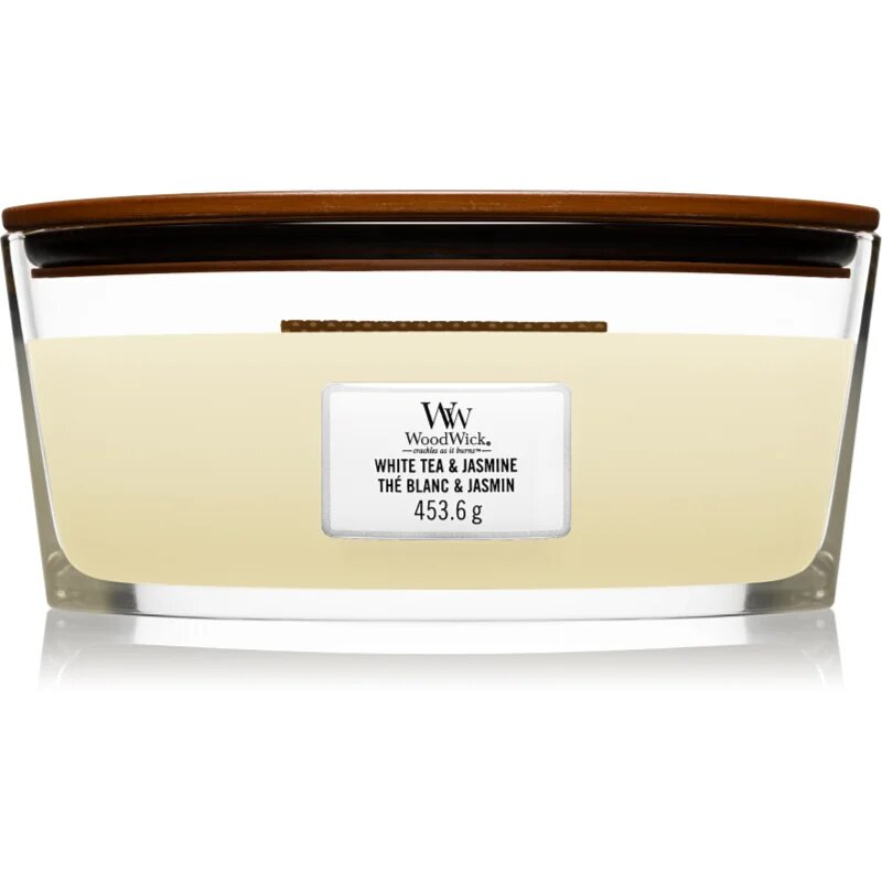 Woodwick White Tea & Jasmine vonná svíčka s dřevěným knotem (hearthwick) 453.6 g
