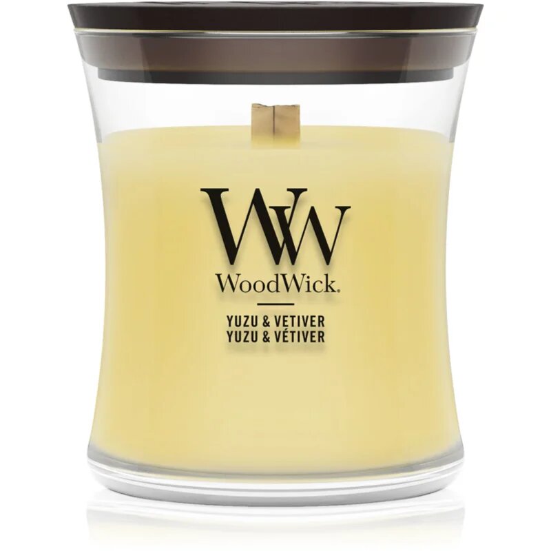 Woodwick Yuzu & Vetiver vonná svíčka s dřevěným knotem 85 g
